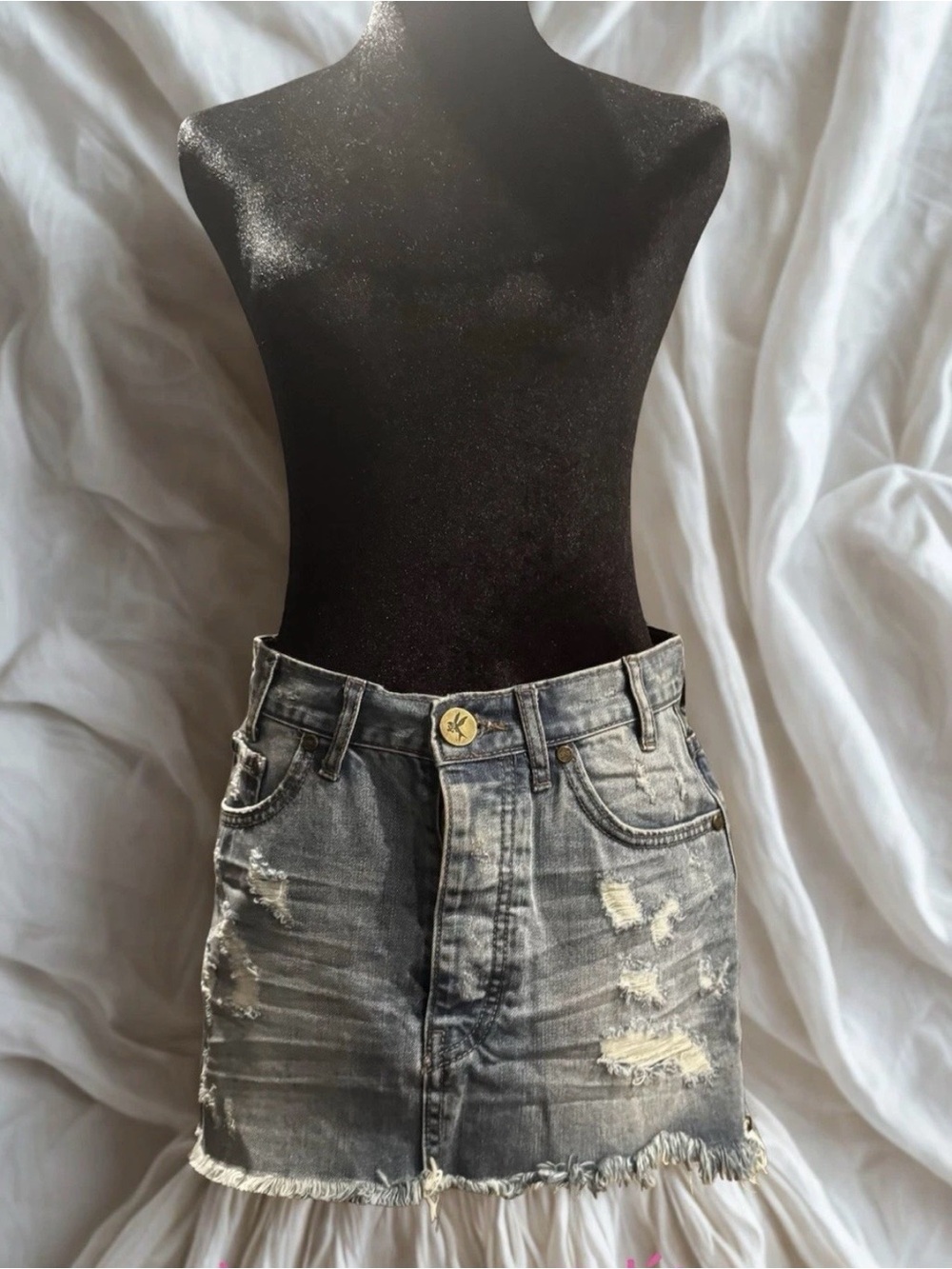 One Teaspoon Washed Distressed Denim Mini Skirt